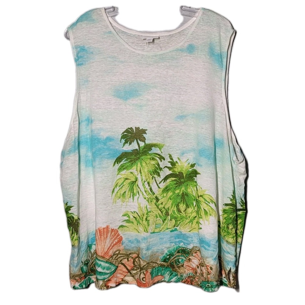 J. Jill Love Linen Womens Top Size 4X Tropical Beach Palm Tree Sleeveless Tank